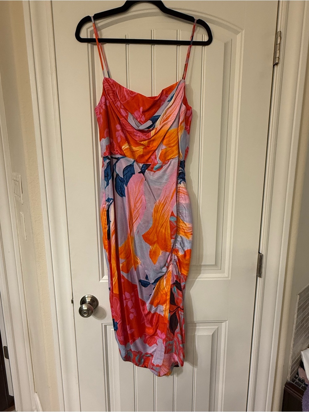 Anthropologie Floral Square Cowl-Neck Ruched Side-Slit Slip Dress